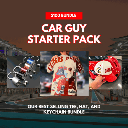 Car Guy Starter Pack $100 bundle with Marlboro Racing Club tee, Winner’s Circle hat, and gear shifter keychain.