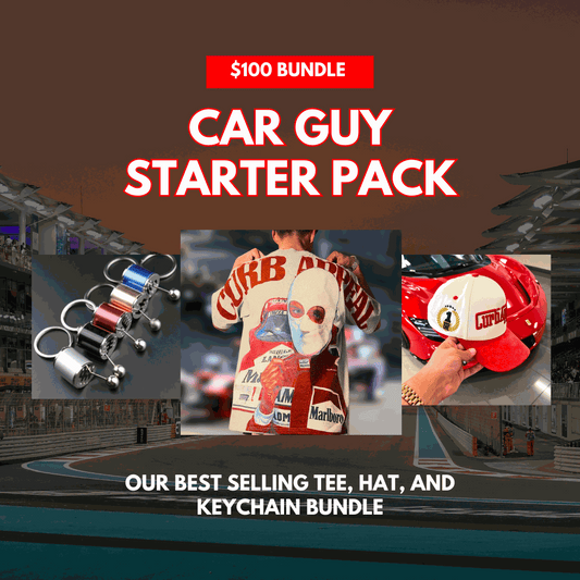 Car Guy Starter Pack $100 bundle with Marlboro Racing Club tee, Winner’s Circle hat, and gear shifter keychain.