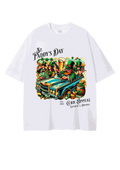 Paddy’s Day Tee featuring leprechaun with convertible and gold.