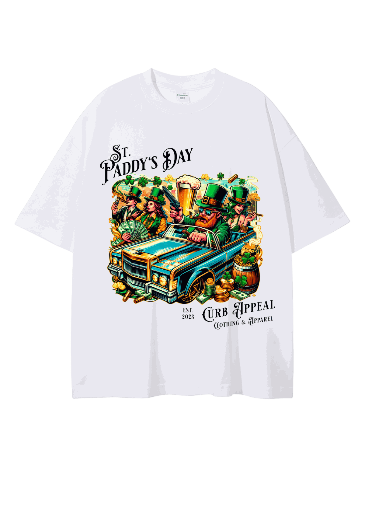 Paddy’s Day Tee featuring leprechaun with convertible and gold.
