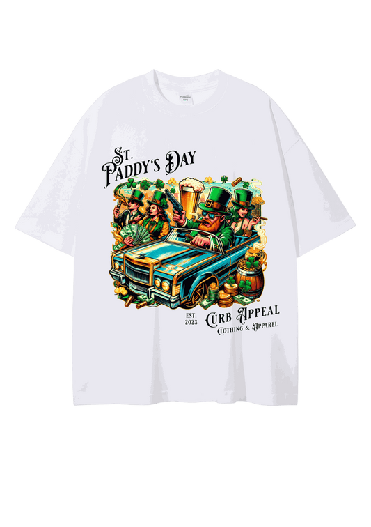 Paddy’s Day Tee featuring leprechaun with convertible and gold.
