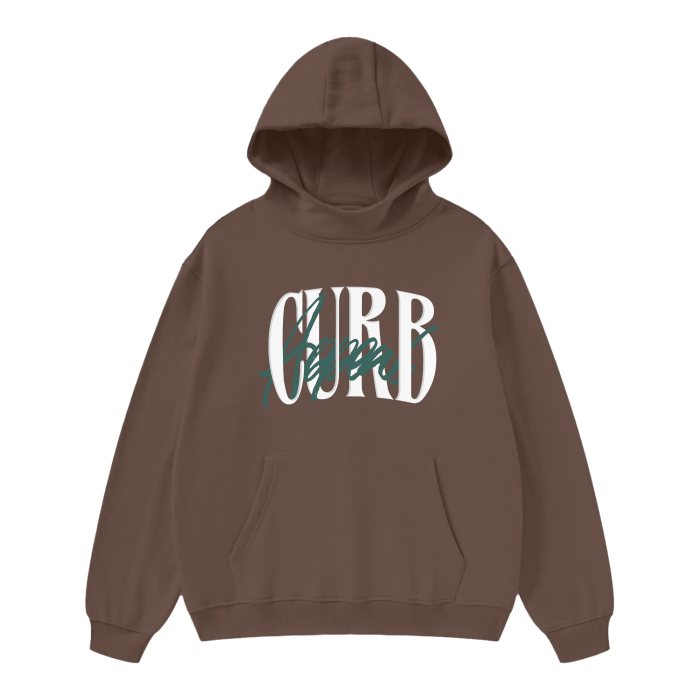 Soft High Neck Hoodie with 'Curb Appeal' design, heavyweight fleece, brown color.