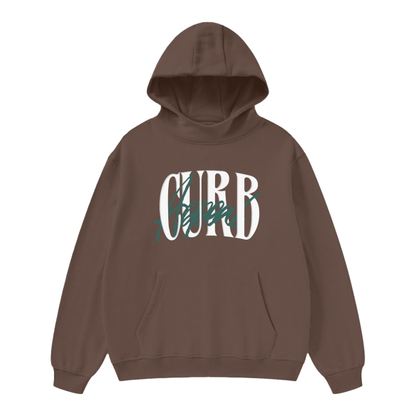 Soft High Neck Hoodie with 'Curb Appeal' design, heavyweight fleece, brown color.