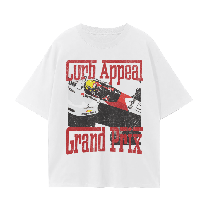 Loose fit Senna tribute tee with F1 car print, 100% cotton, casual wear.