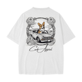 Corgi Racing Tee featuring a corgi driving a vintage car, casual loose fit.