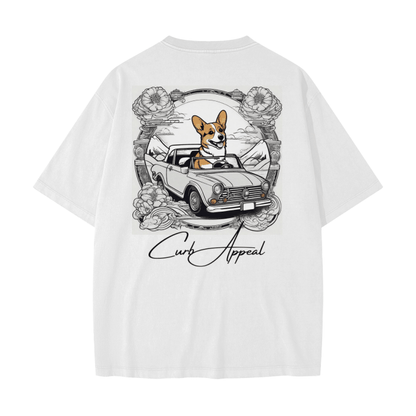 Corgi Racing Tee featuring a corgi driving a vintage car, casual loose fit.