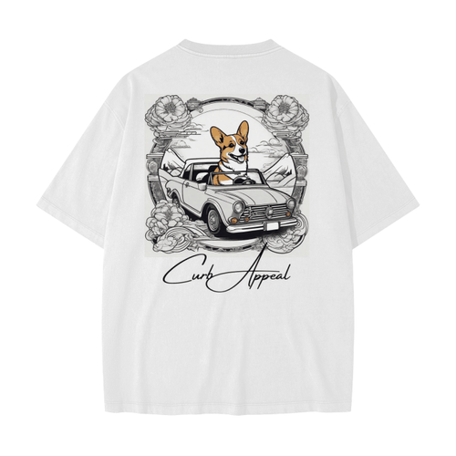 Corgi Racing Tee featuring a corgi driving a vintage car, casual loose fit.