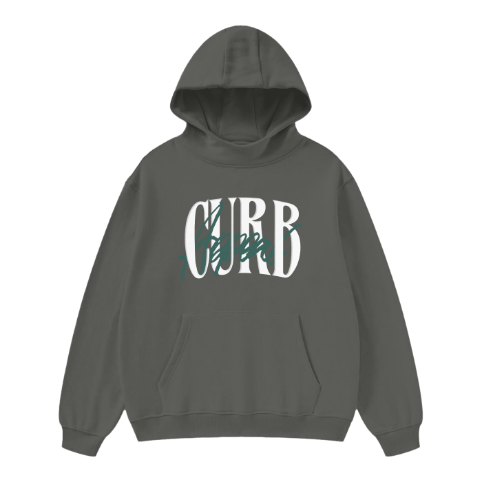 Soft high neck hoodie in heavyweight fleece with stylish "Curb" graphic design.