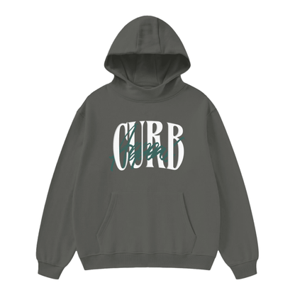 Soft high neck hoodie in heavyweight fleece with stylish "Curb" graphic design.