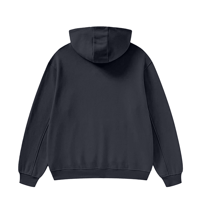 Soft high neck hoodie in heavyweight fleece, back view.