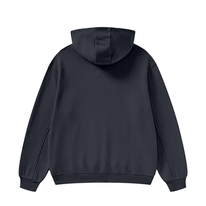 Soft high neck hoodie in heavyweight fleece, back view.