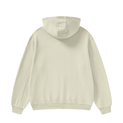 Soft high neck fleece hoodie in cream, back view.