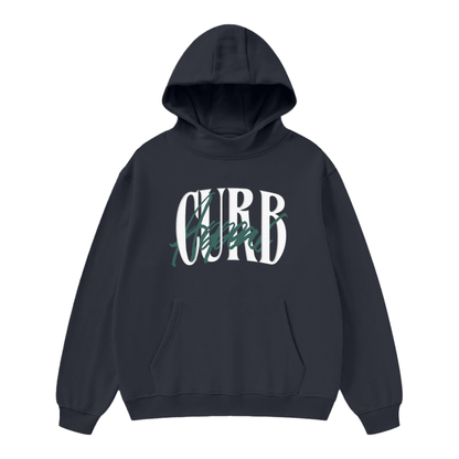 Soft high neck hoodie with "Curb Appeal" graphic, heavyweight fleece for warmth.