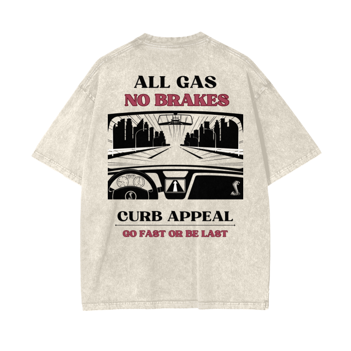 All Gas No Brakes Tee with bold graphic and Curb Appeal slogan, designed for car enthusiasts.