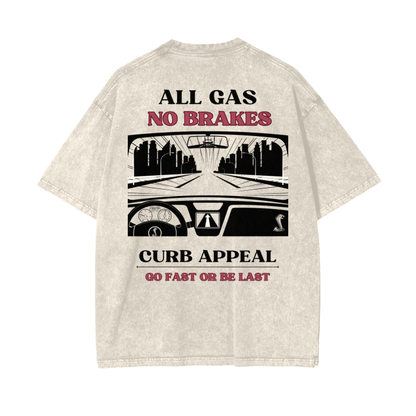 All Gas No Brakes Tee with bold graphic and Curb Appeal slogan, designed for car enthusiasts.