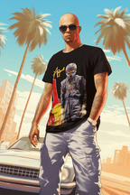 Man wearing oversized acid-washed black RBF1 Tee with racer graphic, sunglasses, and white pants by car and palm trees