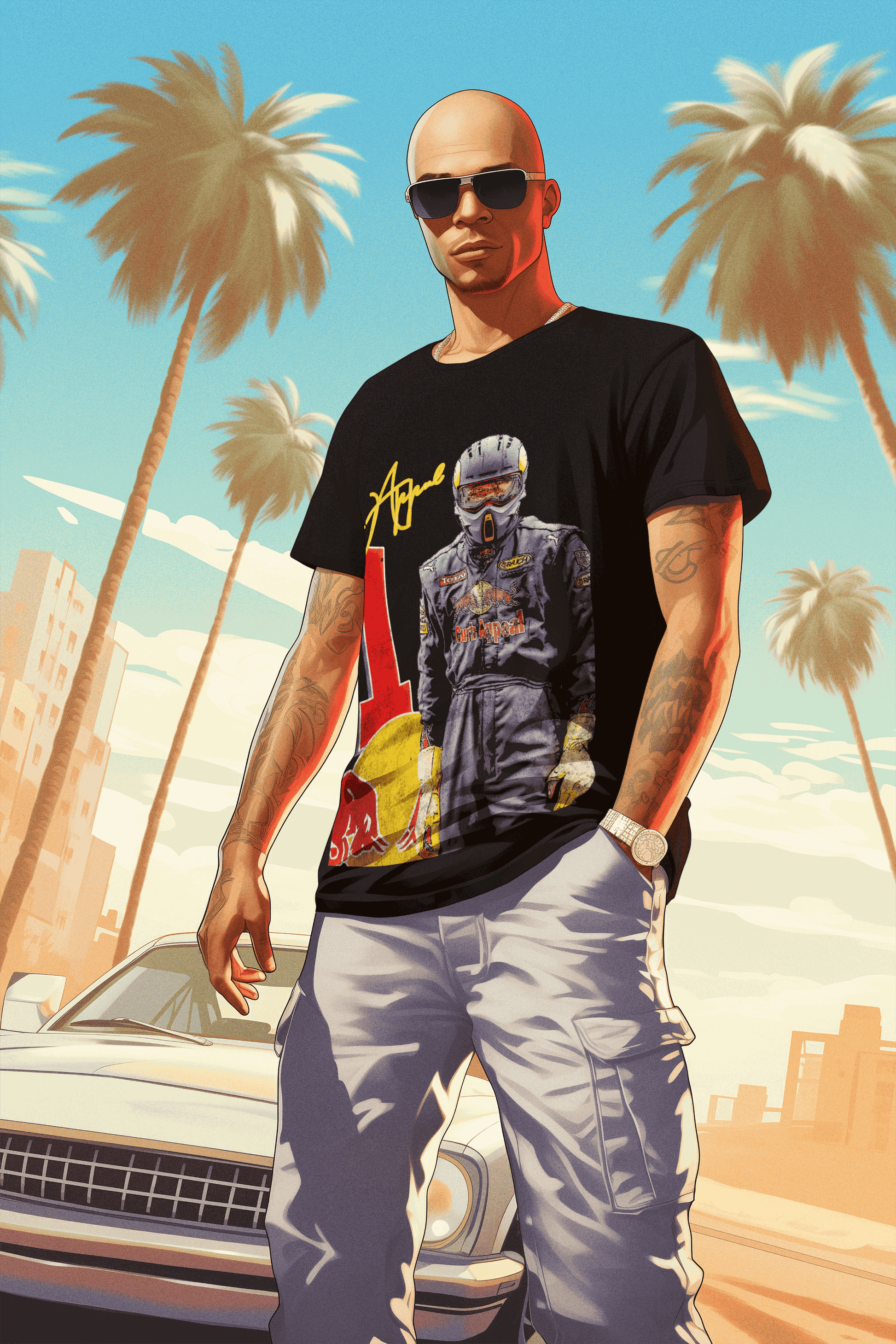 Man wearing oversized acid-washed black RBF1 Tee with racer graphic, sunglasses, and white pants by car and palm trees
