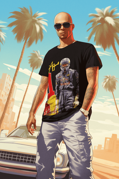 Man wearing oversized acid-washed black RBF1 Tee with racer graphic, sunglasses, and white pants by car and palm trees