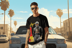 Man wearing black RBF1 Tee with racing graphic and number 1 design, standing in front of a car on a sunny street with palm trees.