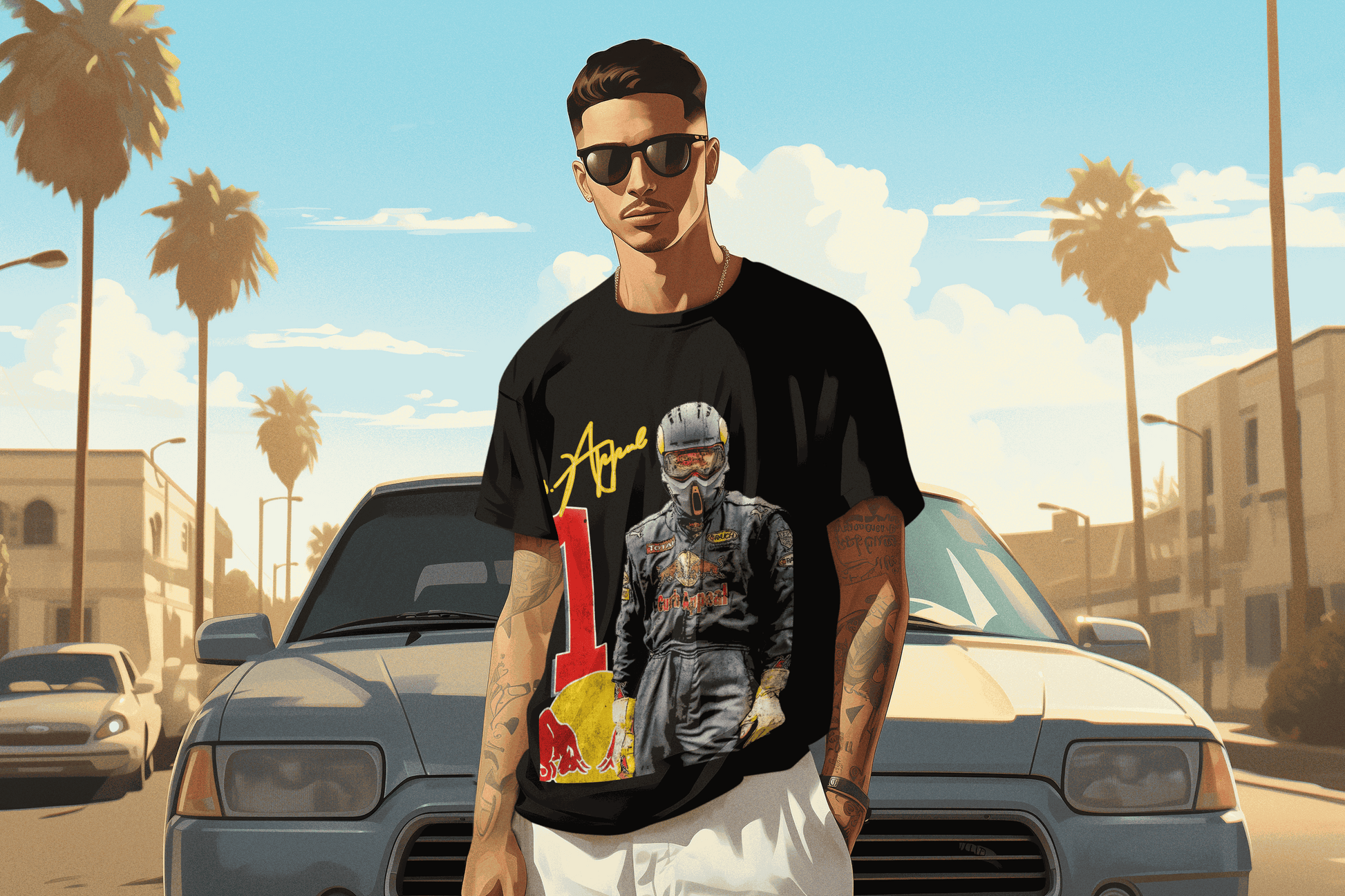 Man wearing black RBF1 Tee with racing graphic and number 1 design, standing in front of a car on a sunny street with palm trees.