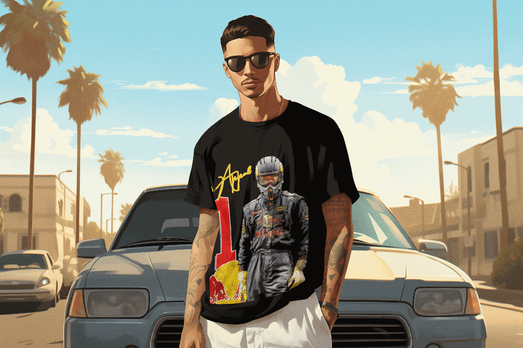 Man wearing black RBF1 Tee with racing graphic and number 1 design, standing in front of a car on a sunny street with palm trees.