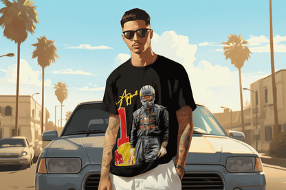 Man wearing black RBF1 Tee with racing graphic and number 1 design, standing in front of a car on a sunny street with palm trees.