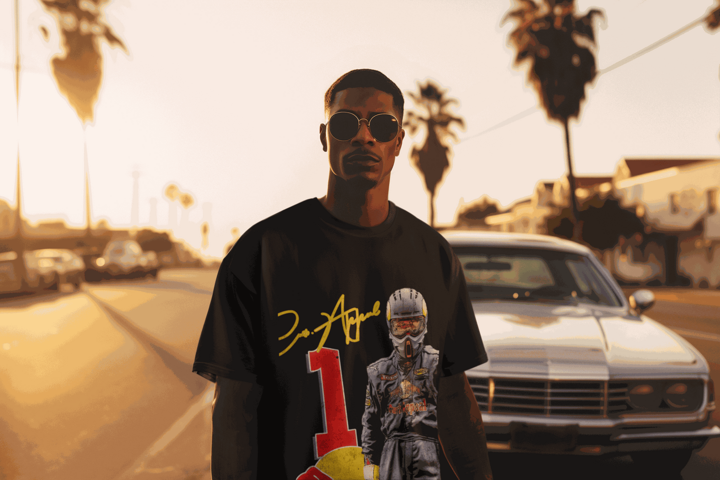Man wearing oversized black RBF1 Tee with racing driver graphic and number 1 print on street at sunset