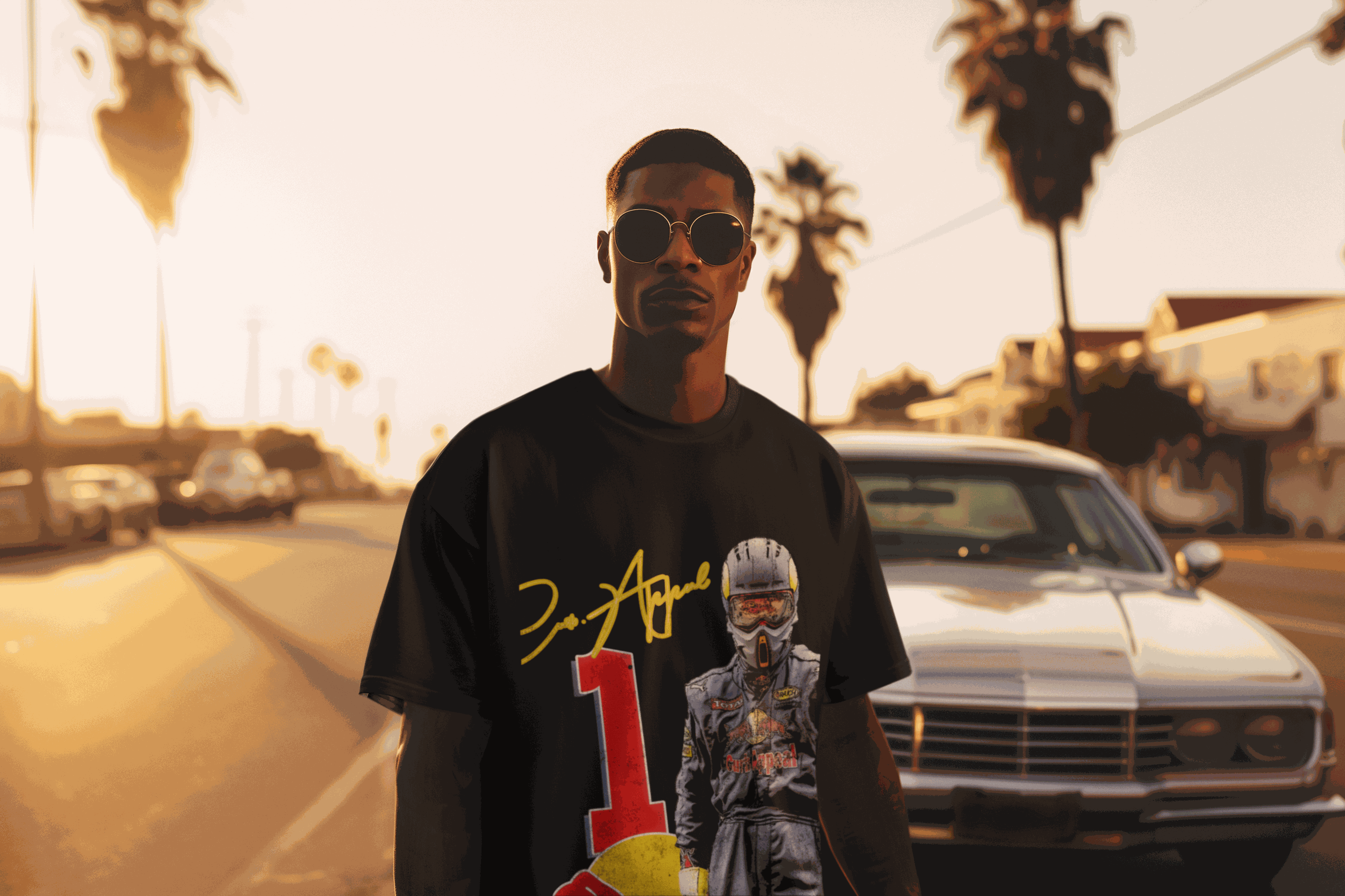 Man wearing oversized black RBF1 Tee with racing driver graphic and number 1 print on street at sunset
