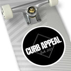 High-quality Curb Appeal logo sticker on skateboard, weatherproof and UV-resistant.