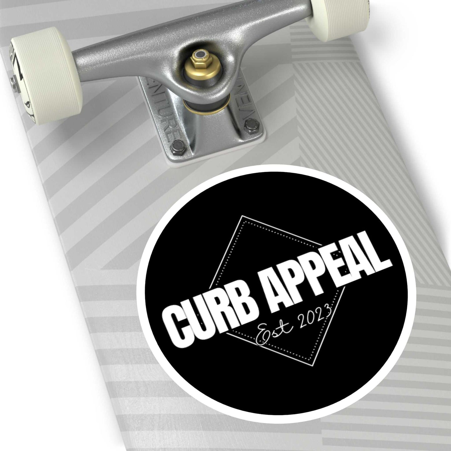 High-quality Curb Appeal logo sticker on skateboard, weatherproof and UV-resistant.