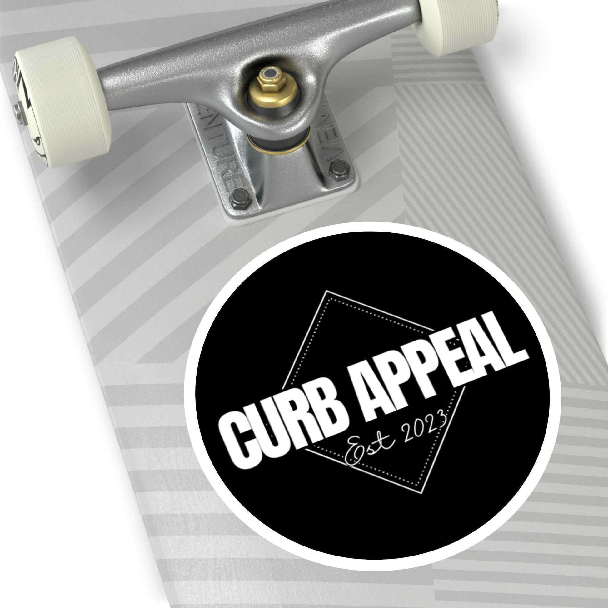 High-quality Curb Appeal logo sticker on skateboard, weatherproof and UV-resistant.